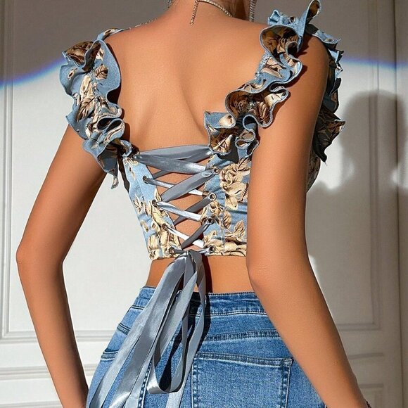 Dusty Blue Boho Women's Leaf Print Ruffle Trim Bustier Wide Straps Crop Top - Picture 2 of 4